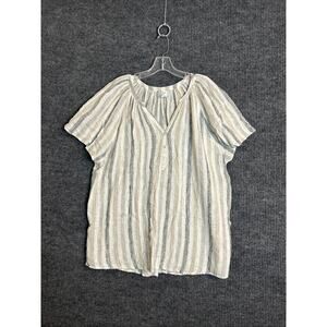 Heroes And Dreamers Womens Popover Blouse Sz 1X Linen Blend Striped Neutral Boho